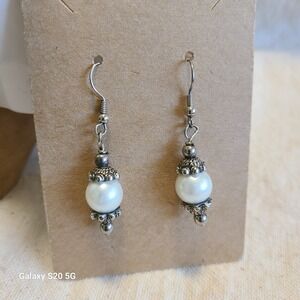 Pearl Drop Earrings Dangle Silver Tone Elegant Jewelry
